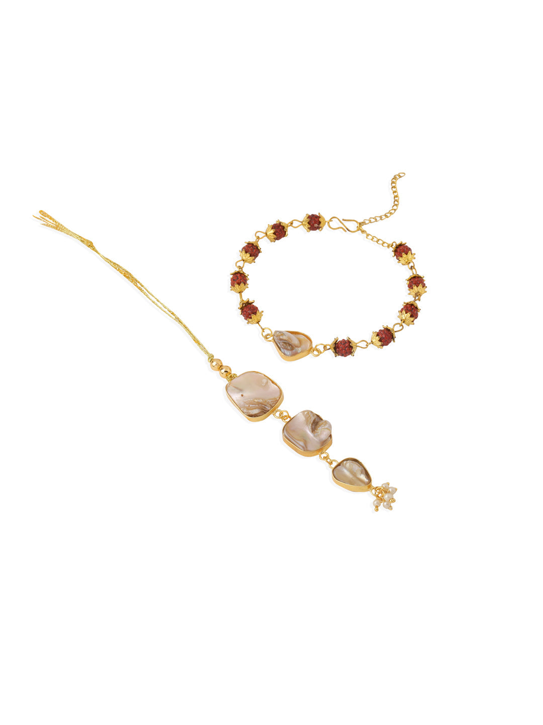 NVR Set of 2 Gold Toned Rudraksh & Pearls Bhaiya Bhabhi Rakhi Set, Combo for Rakshabandhan | Grocsy