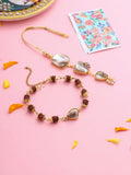 NVR Set of 2 Gold Toned Rudraksh & Pearls Bhaiya Bhabhi Rakhi with Roli Chawal Chandan & Mishri | Grocsy