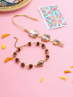 NVR Set of 2 Gold Toned Rudraksh & Pearls Bhaiya Bhabhi Rakhi with Roli Chawal Chandan & Mishri | Grocsy