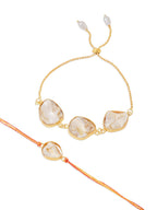 NVR Set of 2 Gold Toned Pearls Bhaiya Bhabhi Rakhi with Roli Chawal Chandan & Mishri | Grocsy