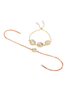 NVR Set of 2 Gold Toned Pearls Bhaiya Bhabhi Rakhi with Roli Chawal Chandan & Mishri | Grocsy