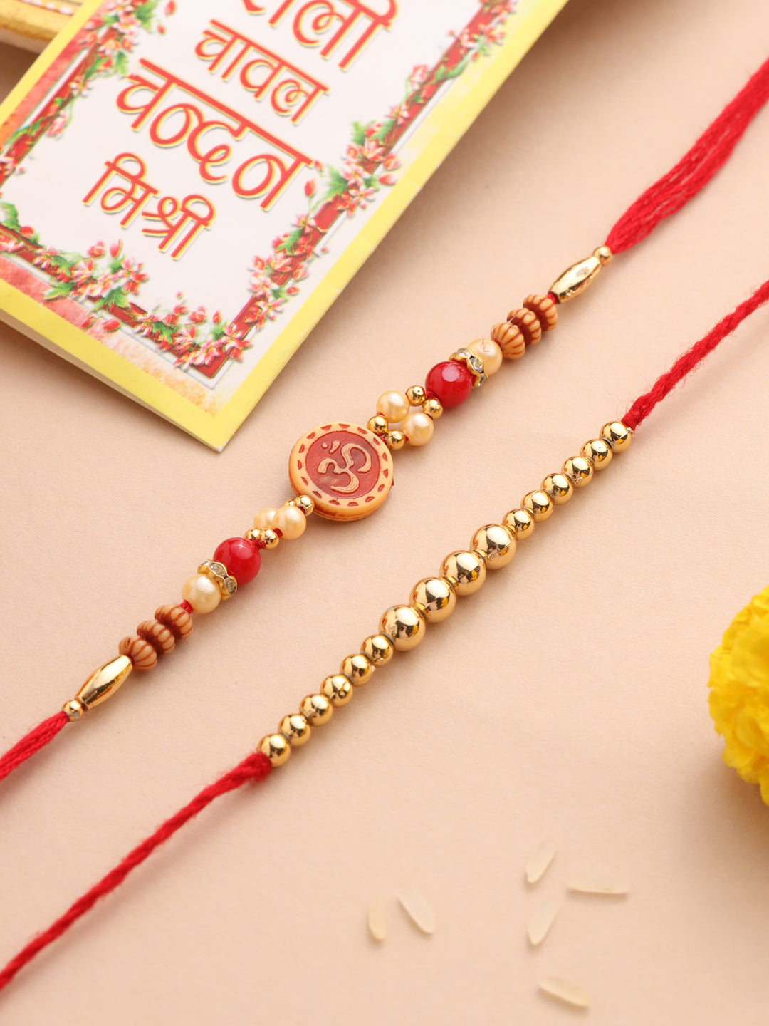 NVR Men's Set of 2 Red Religious Thread Rakhi with Roli Chawal Chandan & Mishri | Grocsy