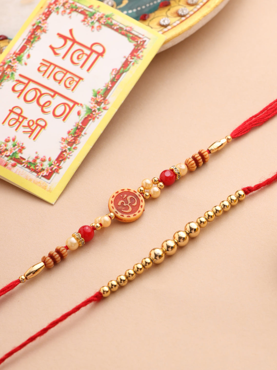 NVR Men's Set of 2 Red Religious Thread Rakhi with Roli Chawal Chandan & Mishri | Grocsy