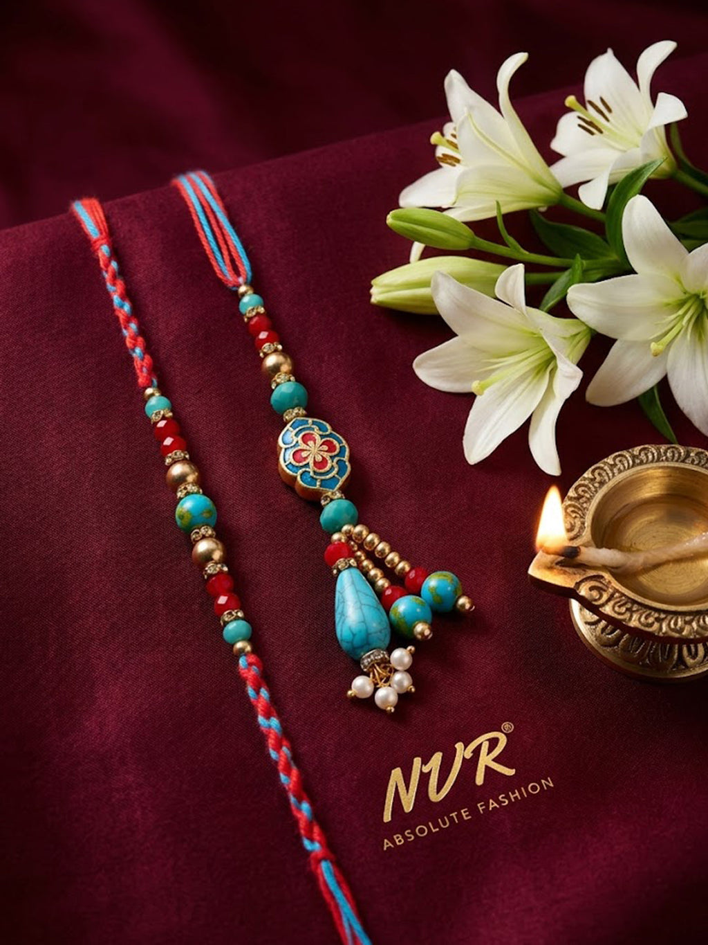 NVR Set of 2 Multicolor Artificial Beads Bhaiya Bhabhi Thread Rakhi With Roli Chawal | Grocsy