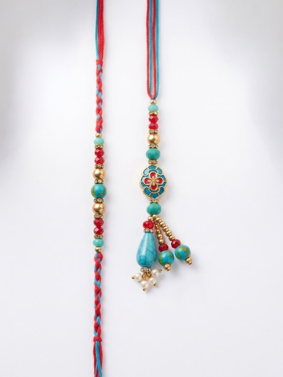 NVR Set of 2 Multicolor Artificial Beads Bhaiya Bhabhi Thread Rakhi With Roli Chawal | Grocsy