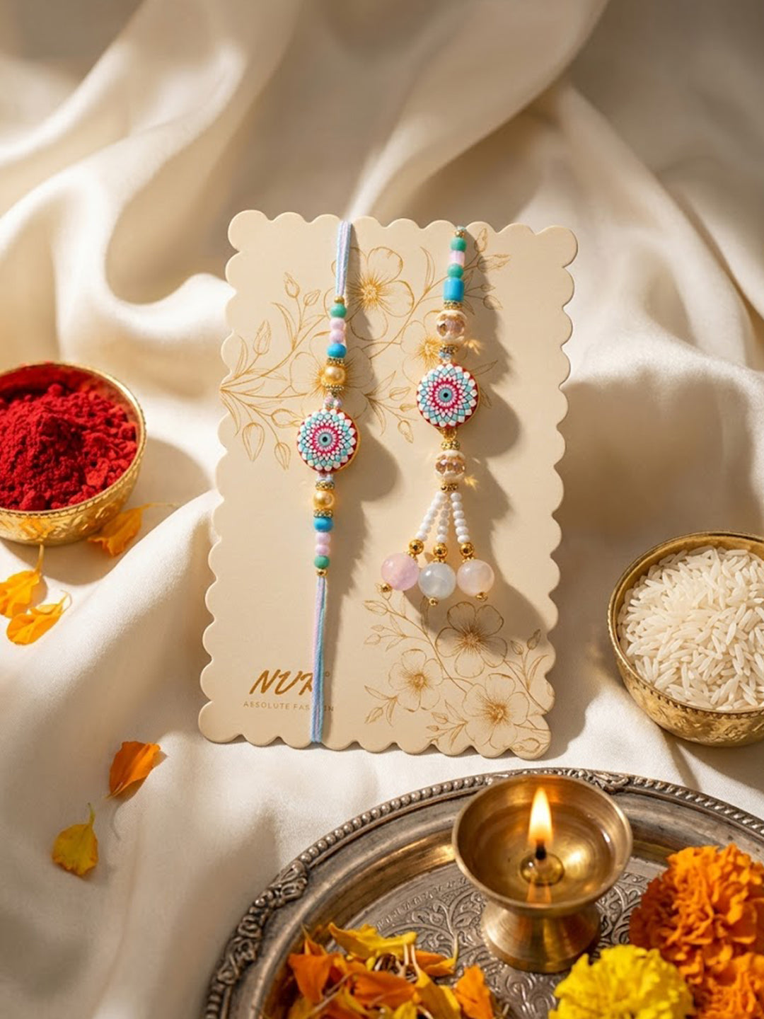 NVR Set of 2 Floral Design Bhaiya Bhabhi Rakhi with Roli Chawal Chandan Mishri | Grocsy