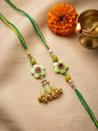NVR Set of 2 Flower Shape Artificial Stones & Beads Bhaiya Bhabhi Rakhi With Roli Chawal | Grocsy