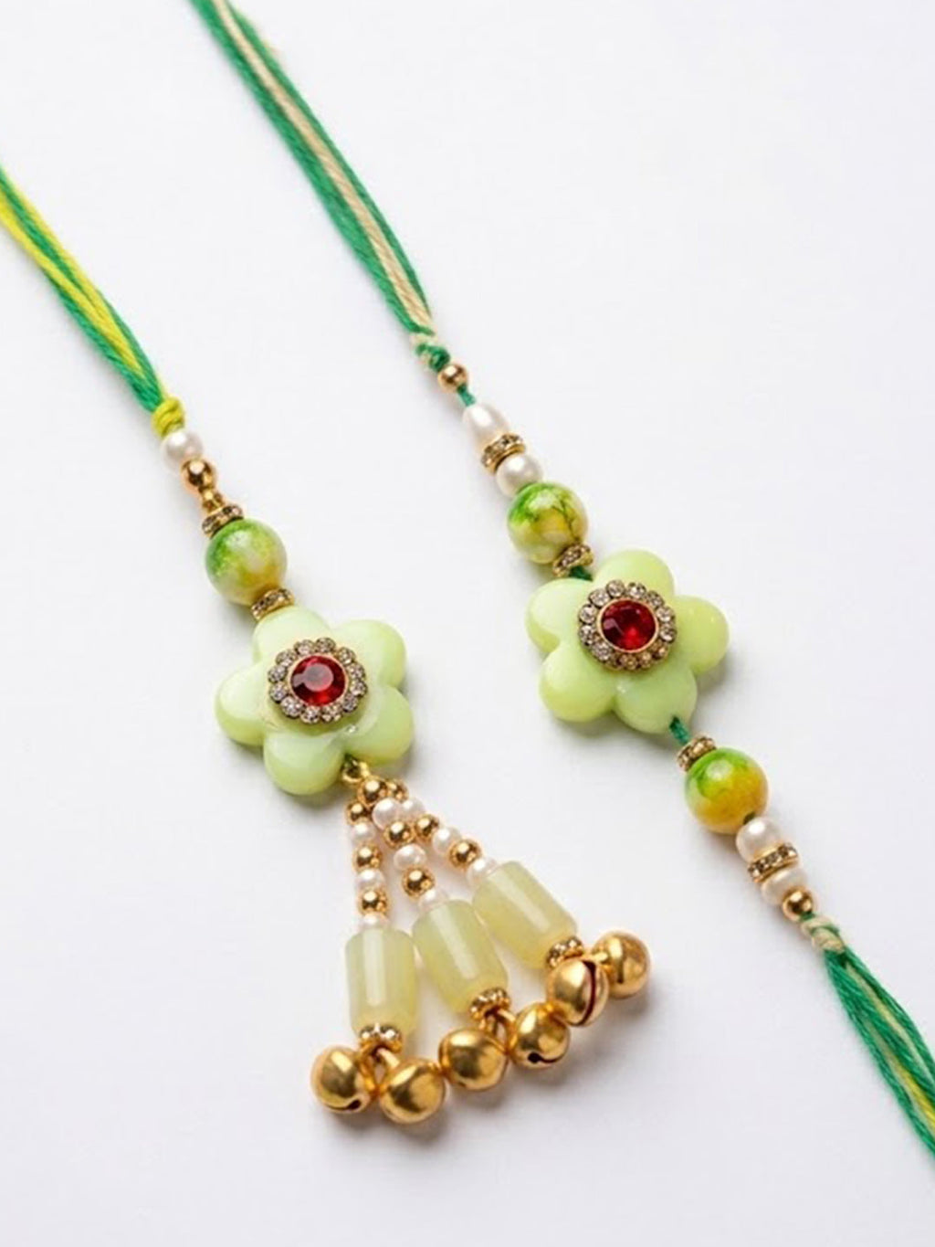 NVR Set of 2 Flower Shape Artificial Stones & Beads Bhaiya Bhabhi Rakhi With Roli Chawal | Grocsy