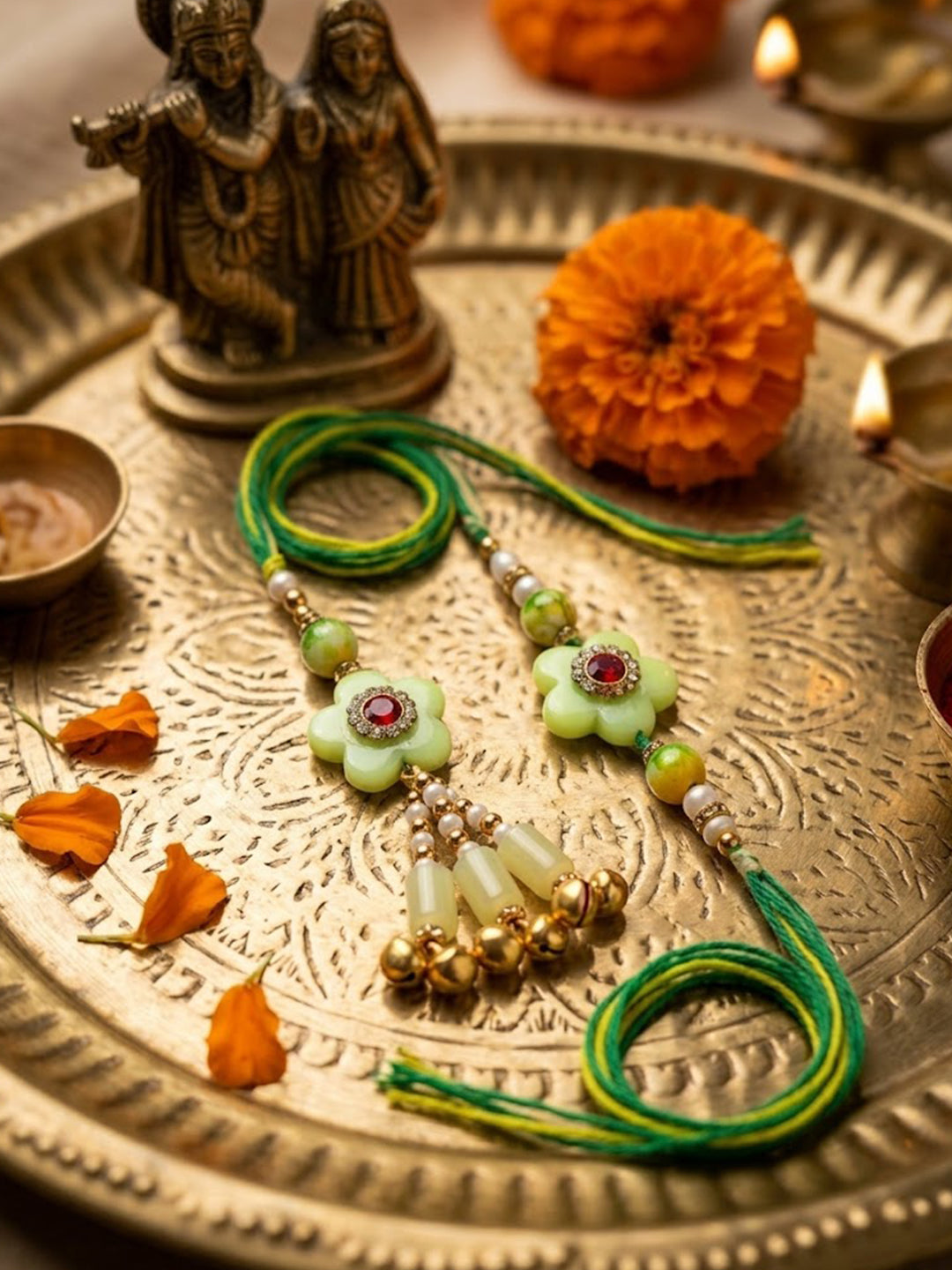 NVR Set of 2 Flower Shape Artificial Stones & Beads Bhaiya Bhabhi Rakhi With Roli Chawal | Grocsy