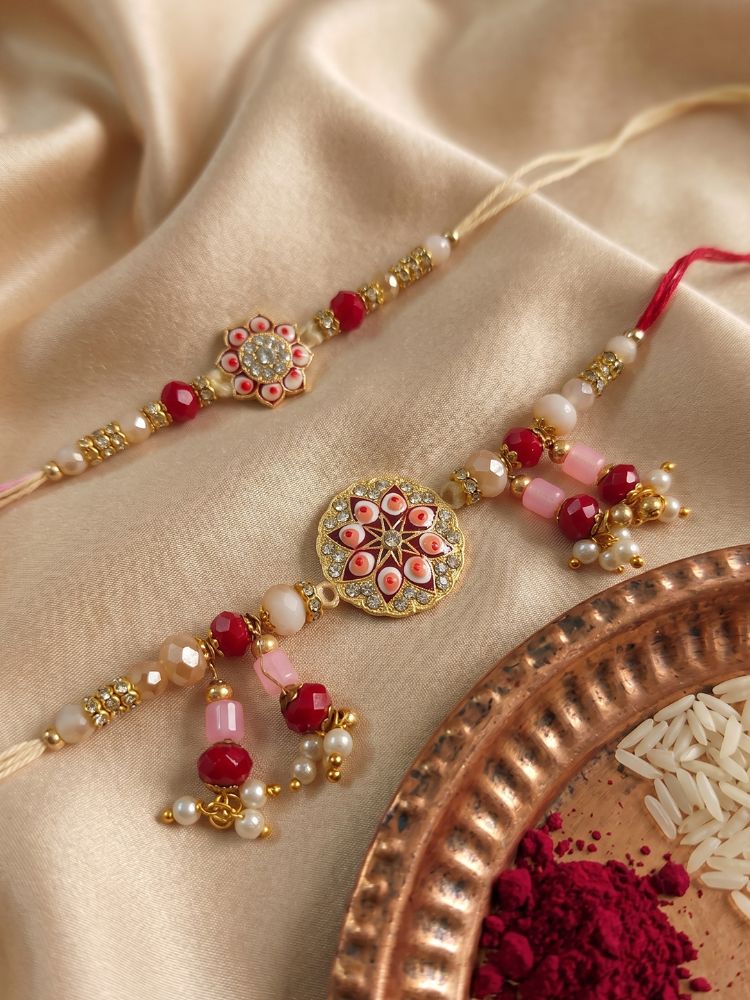 NVR Set of 2 Round Shape Artificial Stones & Beads Bhaiya Bhabhi Rakhi With Roli Chawal | Grocsy