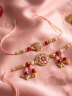 NVR Set of 2 Round Shape Artificial Stones & Beads Bhaiya Bhabhi Rakhi With Roli Chawal | Grocsy