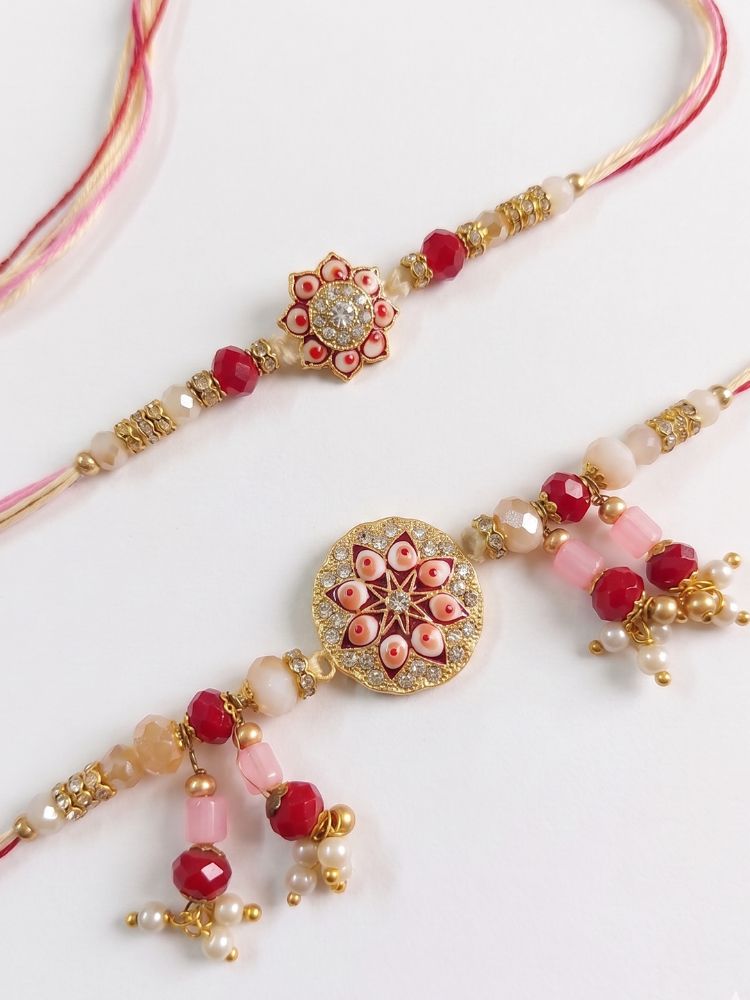 NVR Set of 2 Round Shape Artificial Stones & Beads Bhaiya Bhabhi Rakhi With Roli Chawal | Grocsy