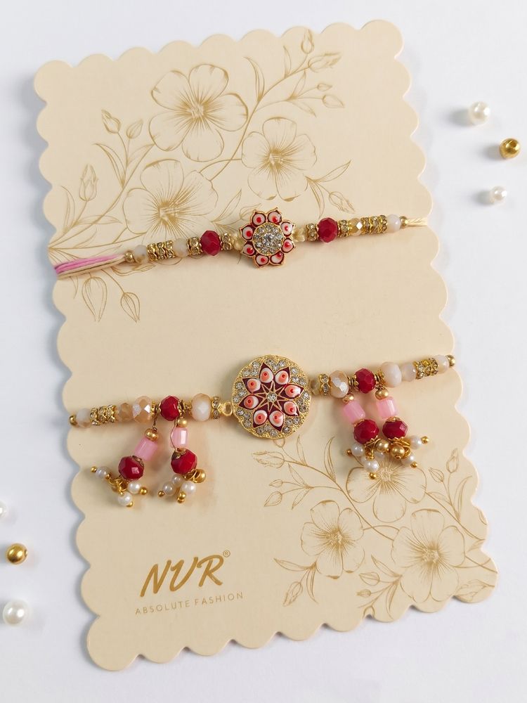 NVR Set of 2 Round Shape Artificial Stones & Beads Bhaiya Bhabhi Rakhi With Roli Chawal | Grocsy