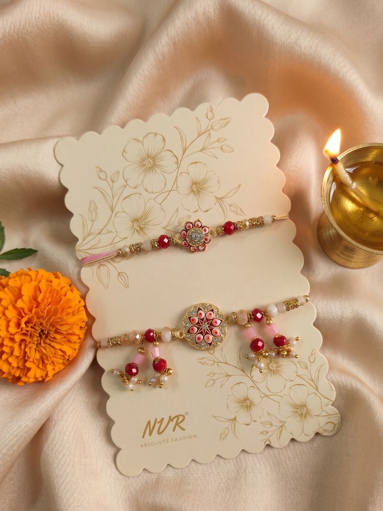 NVR Set of 2 Round Shape Artificial Stones & Beads Bhaiya Bhabhi Rakhi With Roli Chawal | Grocsy