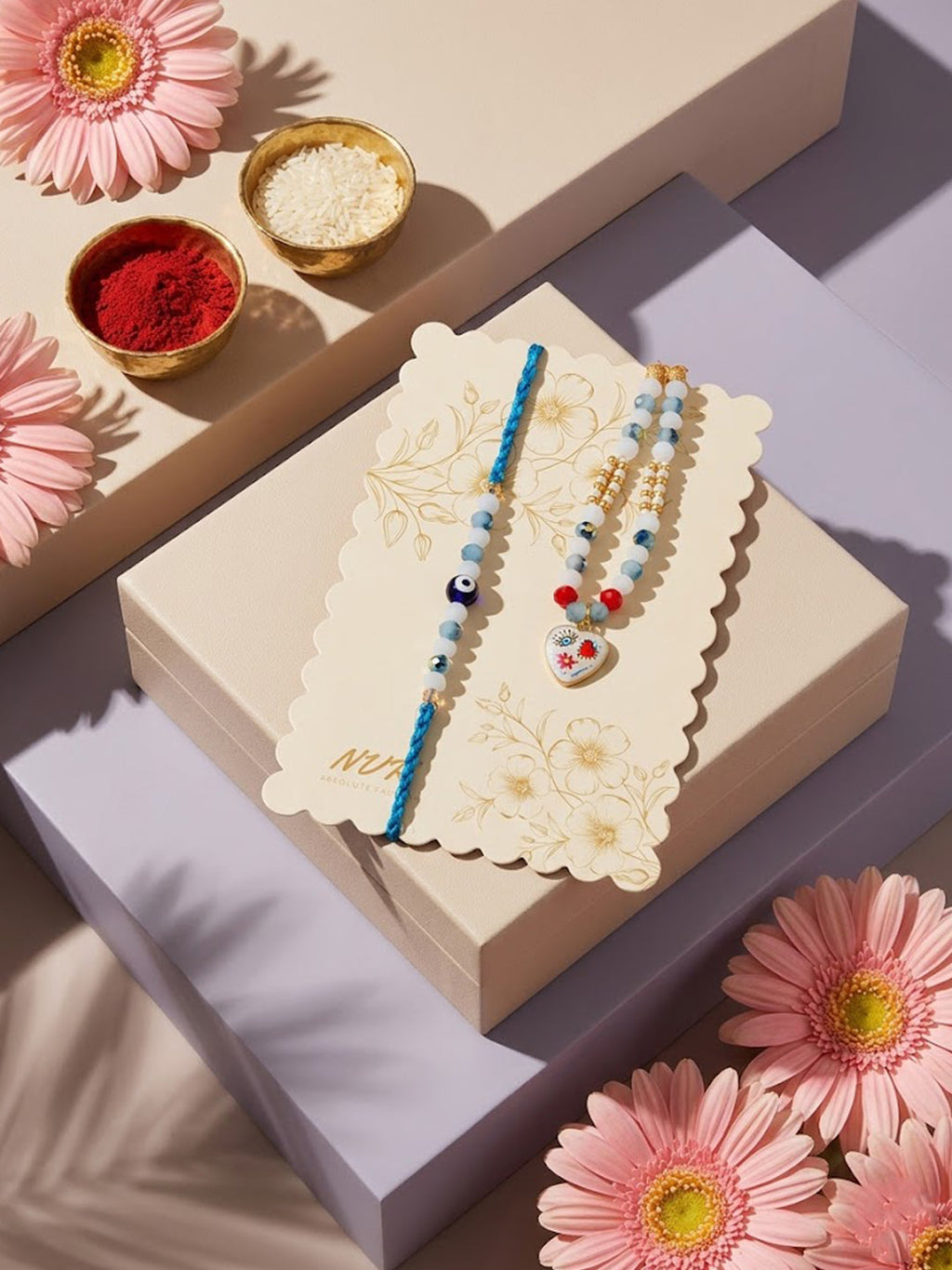 NVR Set of 2 Evil Eye Beaded Gold Toned Bhaiya Bhabhi Rakhi With Roli Chawal Chandan | Grocsy