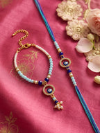 NVR Set of 2 Blue Evil Eye Gold Toned Beaded Bhaiya Bhabhi Rakhi with Roli Chawal Chandan | Grocsy