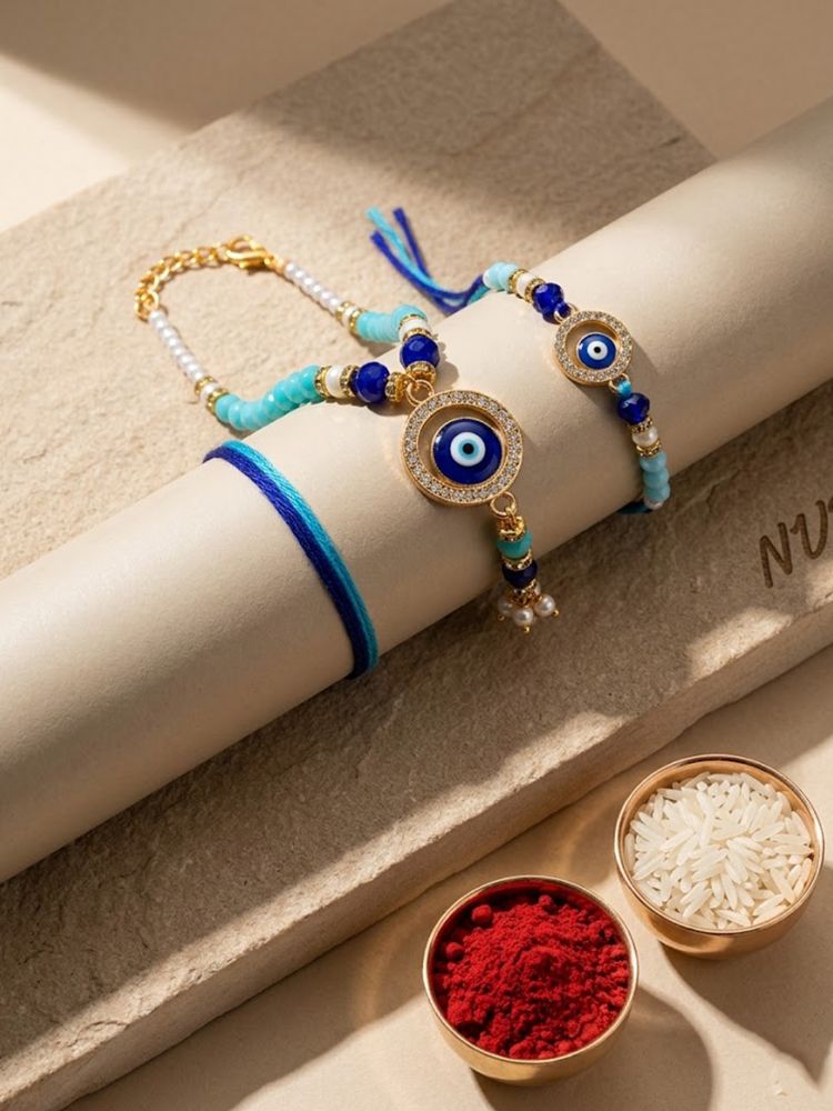 NVR Set of 2 Blue Evil Eye Gold Toned Beaded Bhaiya Bhabhi Rakhi with Roli Chawal Chandan | Grocsy