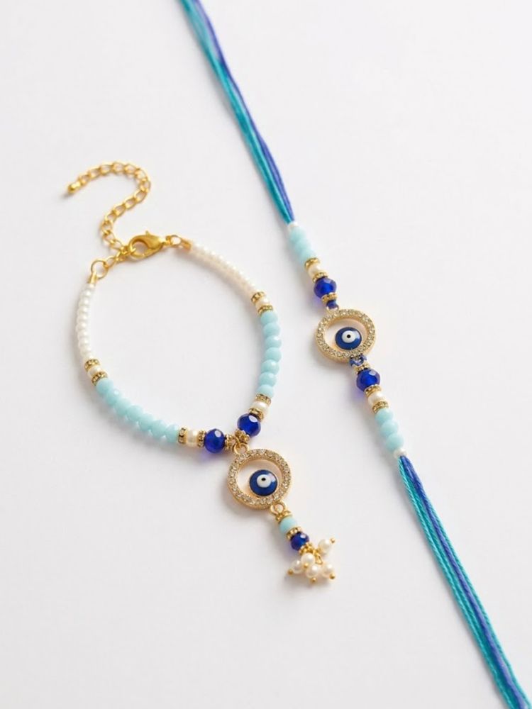 NVR Set of 2 Blue Evil Eye Gold Toned Beaded Bhaiya Bhabhi Rakhi with Roli Chawal Chandan | Grocsy