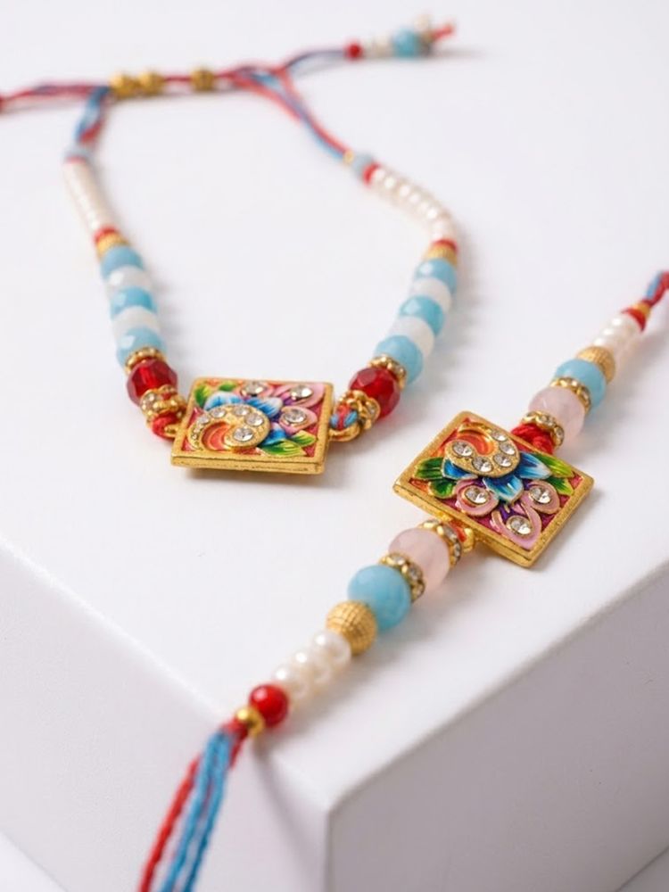 NVR Set of 2 Multicolor Artificial Beads Bhaiya Bhabhi Rakhi With Roli Chawal Chandan | Grocsy
