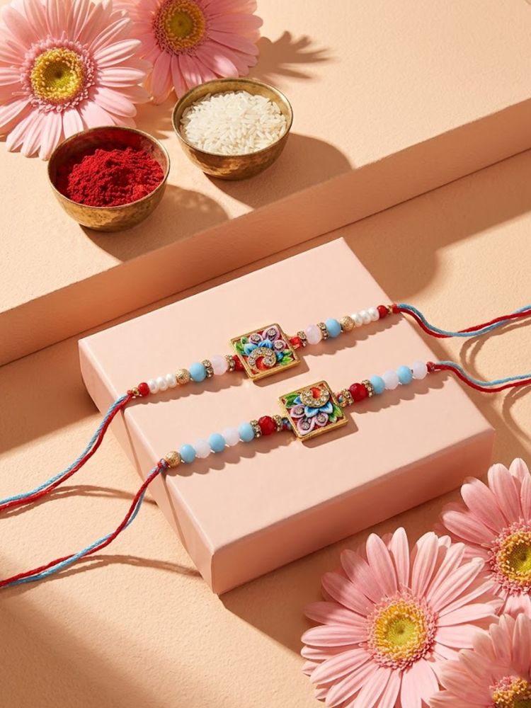NVR Set of 2 Multicolor Artificial Beads Bhaiya Bhabhi Rakhi With Roli Chawal Chandan | Grocsy