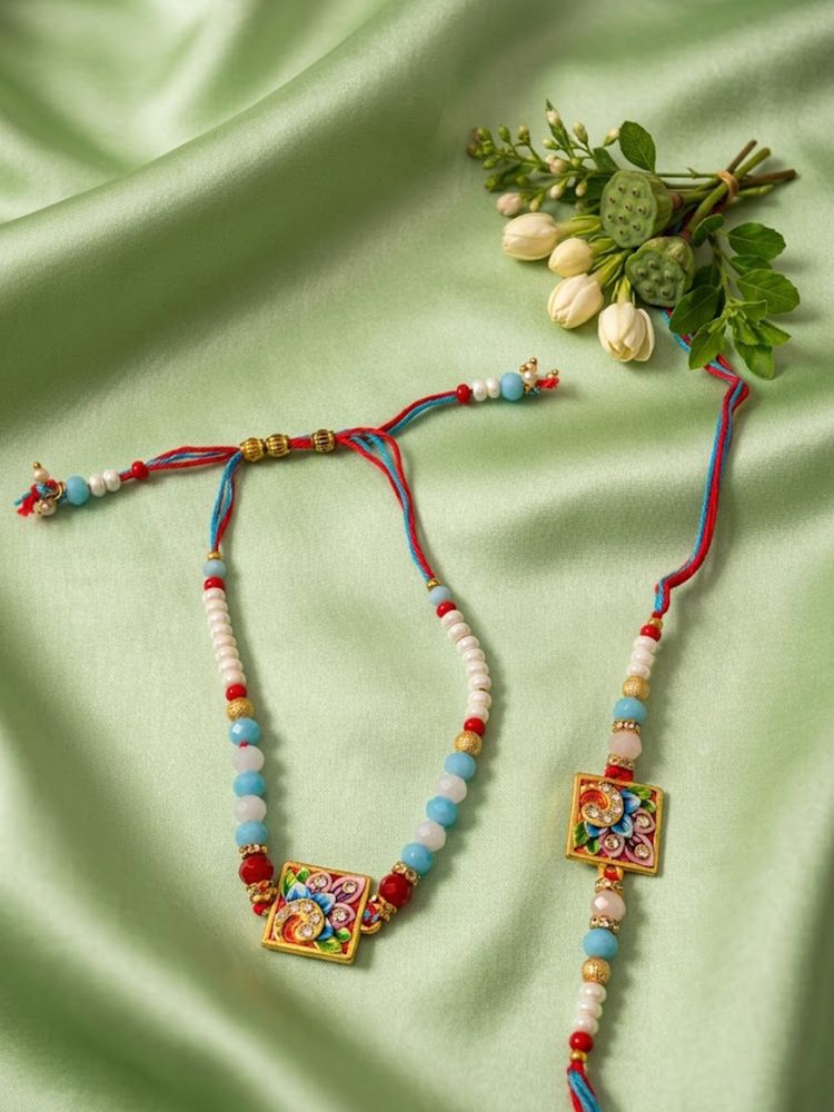 NVR Set of 2 Multicolor Artificial Beads Bhaiya Bhabhi Rakhi With Roli Chawal Chandan | Grocsy