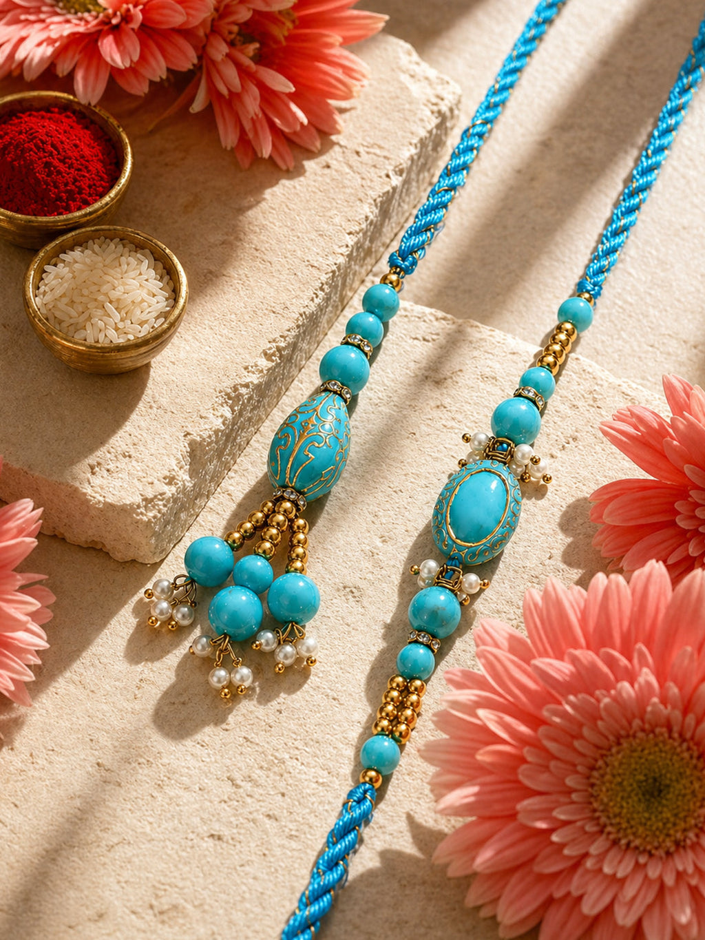 NVR Set of 2 Turquoise Blue Artificial Beads Bhaiya Bhabhi Rakhi with Roli Chawal Chandan | Grocsy