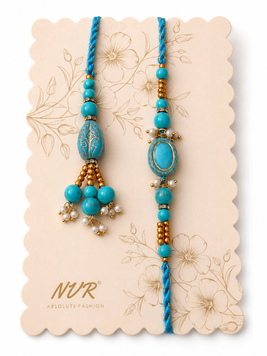 NVR Set of 2 Turquoise Blue Artificial Beads Bhaiya Bhabhi Rakhi with Roli Chawal Chandan | Grocsy