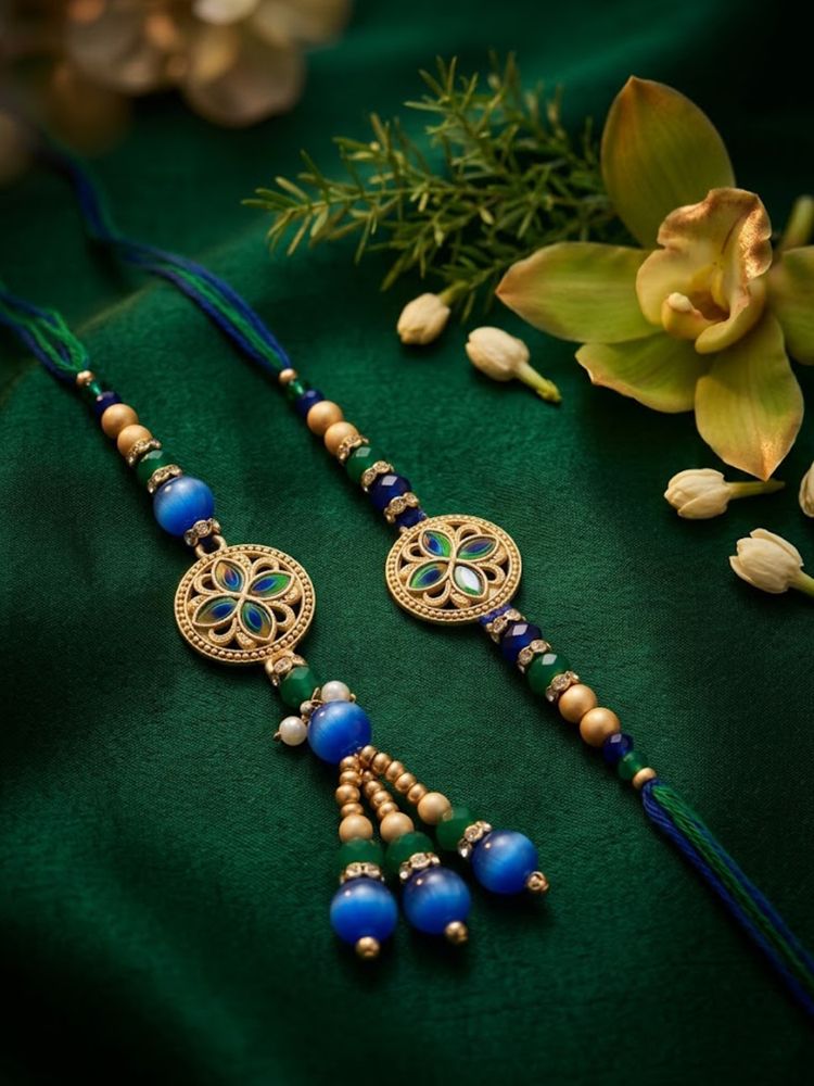 NVR Set of 2 Blue Artificial Beads Morpankh Style Bhaiya Bhabhi Rakhi with Roli Chawal | Grocsy
