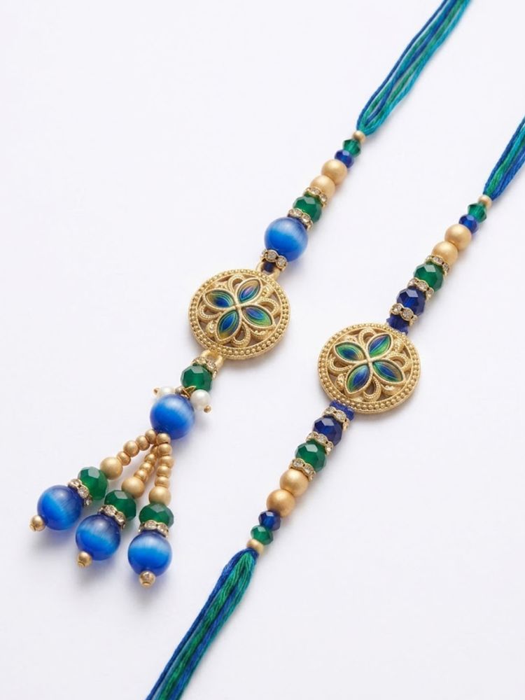 NVR Set of 2 Blue Artificial Beads Morpankh Style Bhaiya Bhabhi Rakhi with Roli Chawal | Grocsy