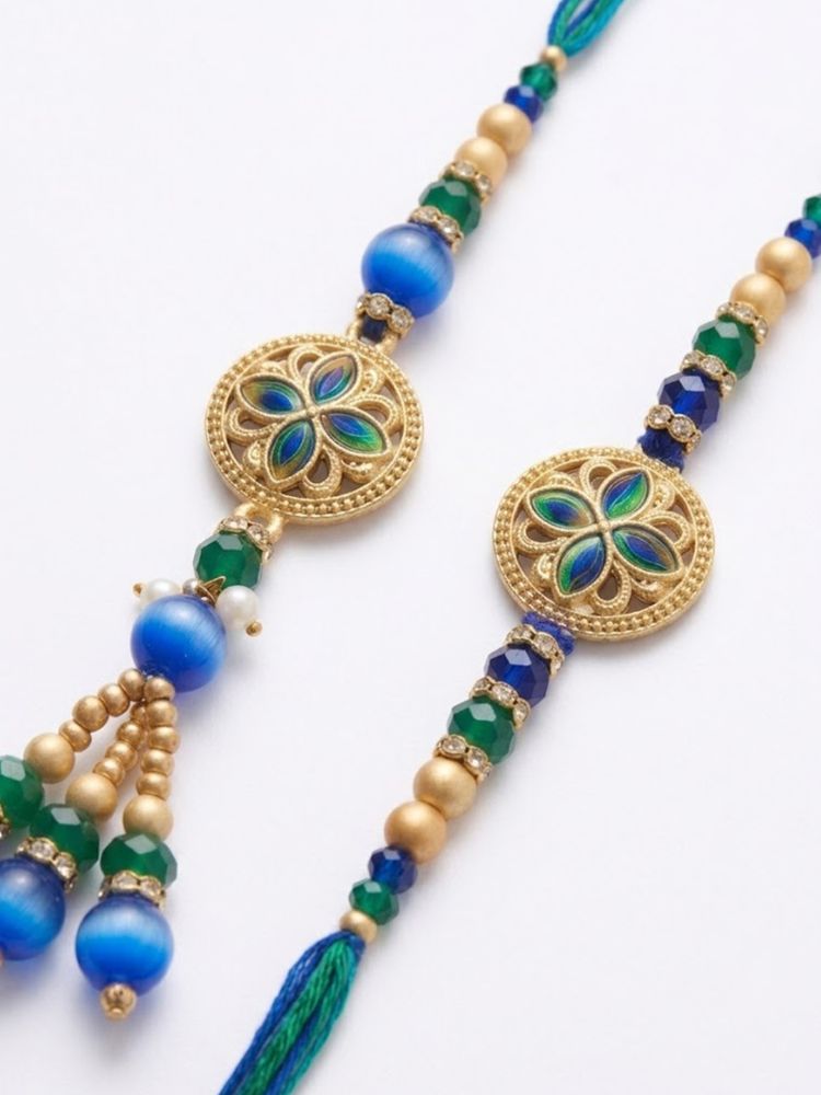 NVR Set of 2 Blue Artificial Beads Morpankh Style Bhaiya Bhabhi Rakhi with Roli Chawal | Grocsy