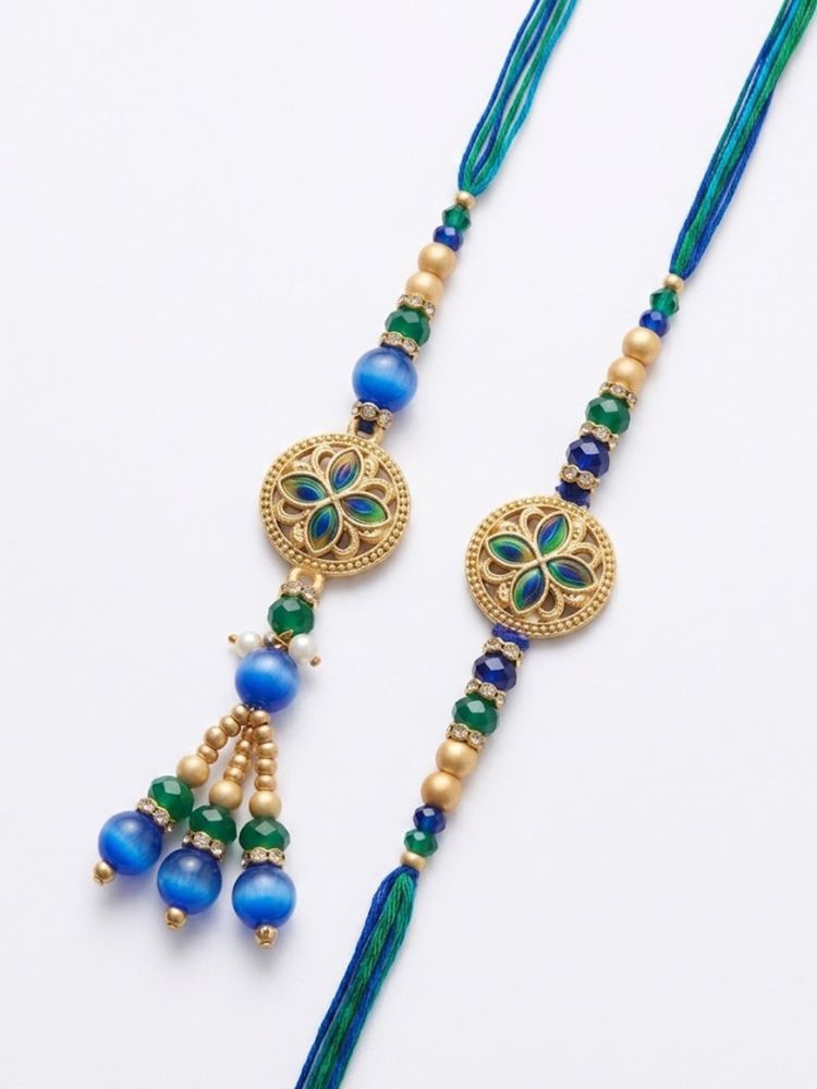 NVR Set of 2 Blue Artificial Beads Morpankh Style Bhaiya Bhabhi Rakhi with Roli Chawal | Grocsy