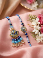 NVR Set of 2 Blue Evil Eye Artificial Beads Bhaiya Bhabhi Rakhi With Roli Chawal | Grocsy