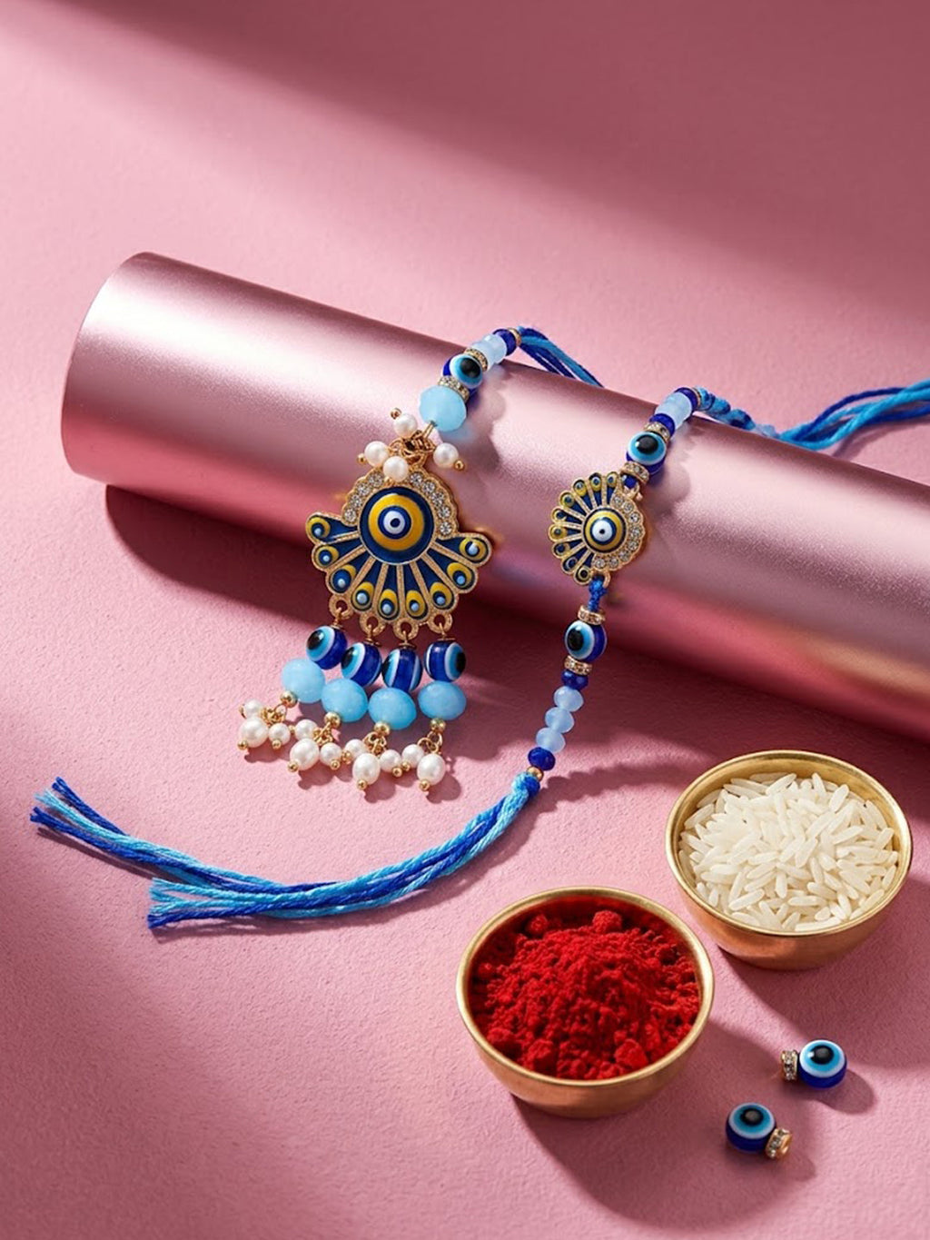NVR Set of 2 Blue Evil Eye Artificial Beads Bhaiya Bhabhi Rakhi With Roli Chawal | Grocsy