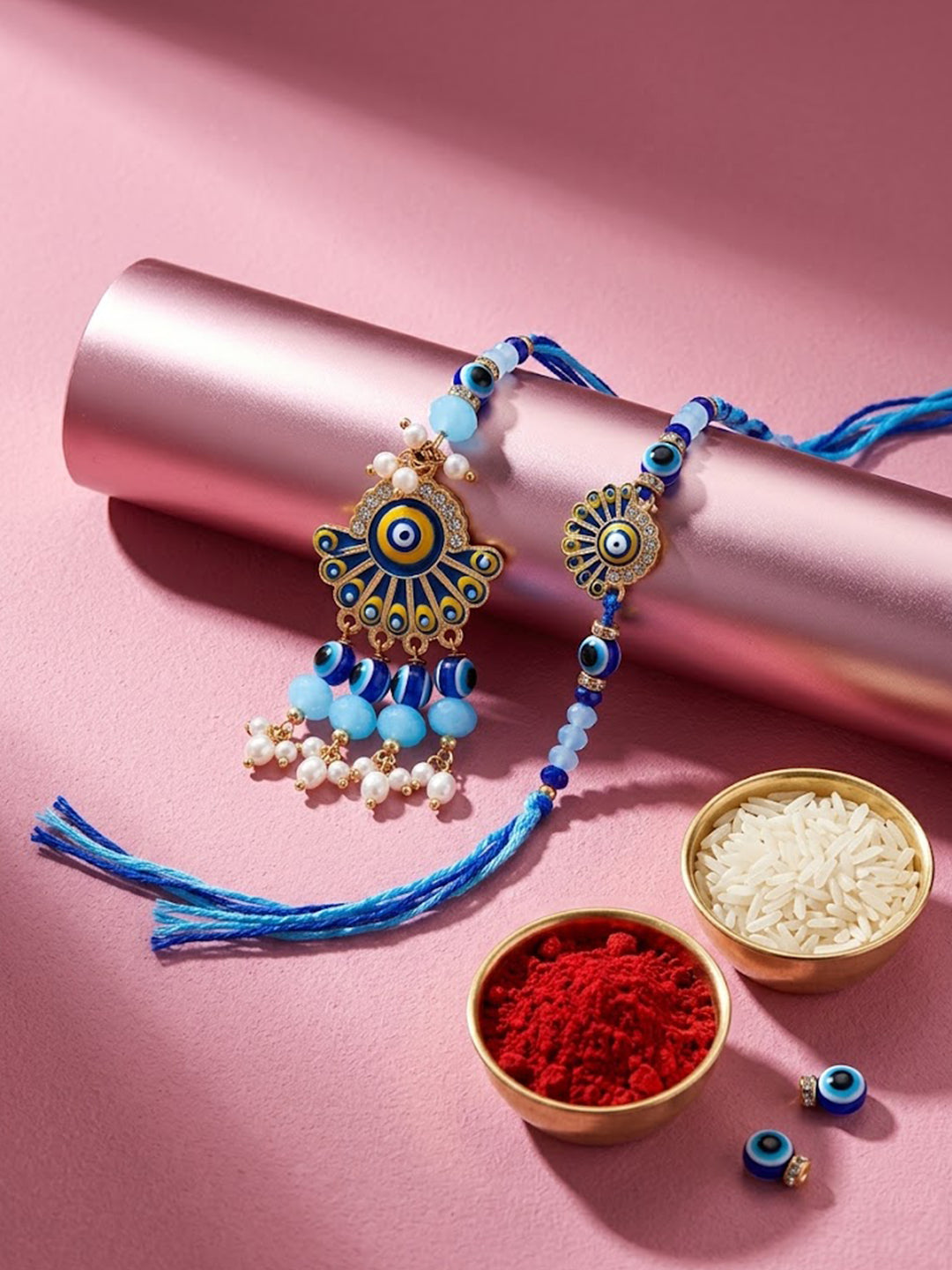 NVR Set of 2 Blue Evil Eye Artificial Beads Bhaiya Bhabhi Rakhi With Roli Chawal | Grocsy
