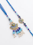 NVR Set of 2 Blue Evil Eye Artificial Beads Bhaiya Bhabhi Rakhi With Roli Chawal | Grocsy