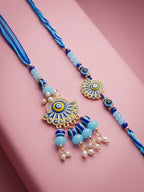 NVR Set of 2 Blue Evil Eye Artificial Beads Bhaiya Bhabhi Rakhi With Roli Chawal | Grocsy