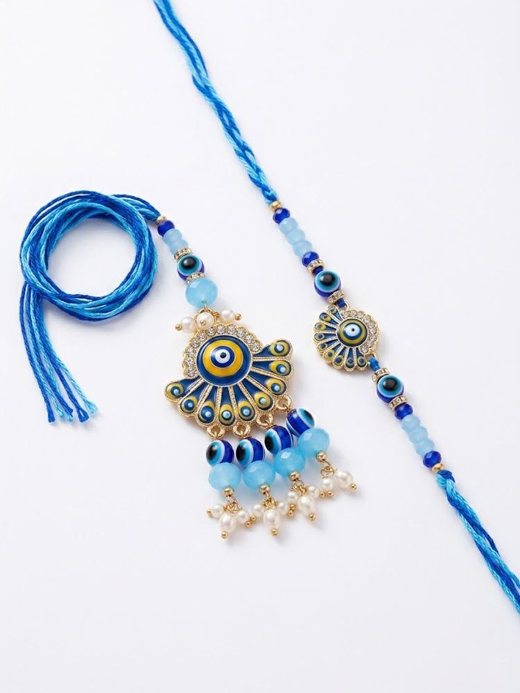 NVR Set of 2 Blue Evil Eye Artificial Beads Bhaiya Bhabhi Rakhi With Roli Chawal | Grocsy