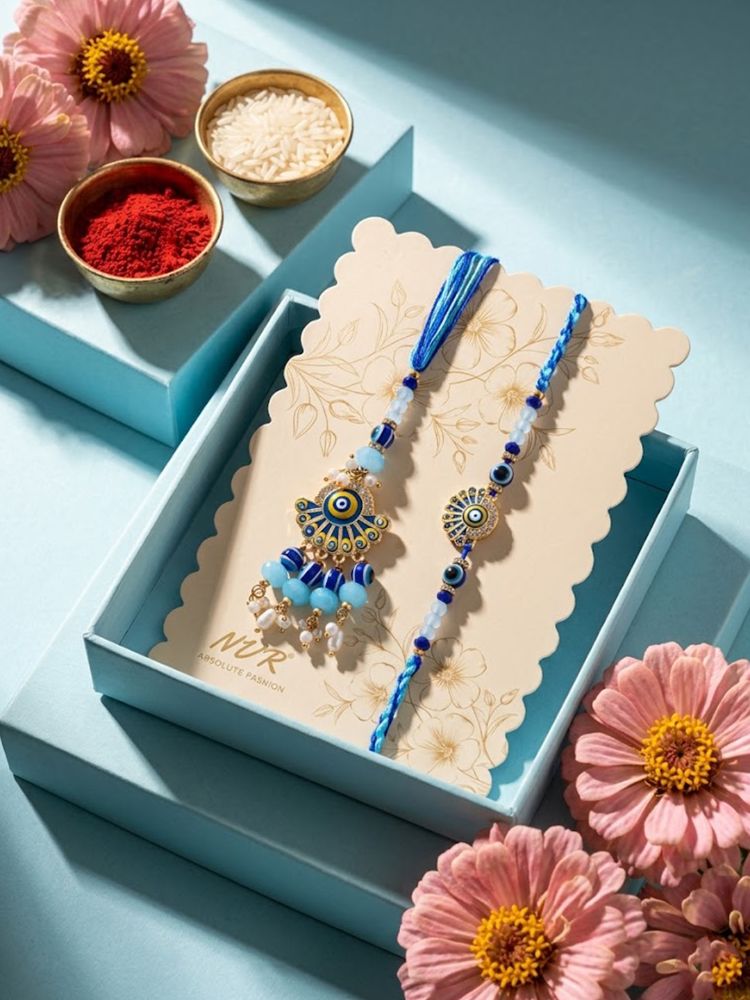 NVR Set of 2 Blue Evil Eye Artificial Beads Bhaiya Bhabhi Rakhi With Roli Chawal | Grocsy