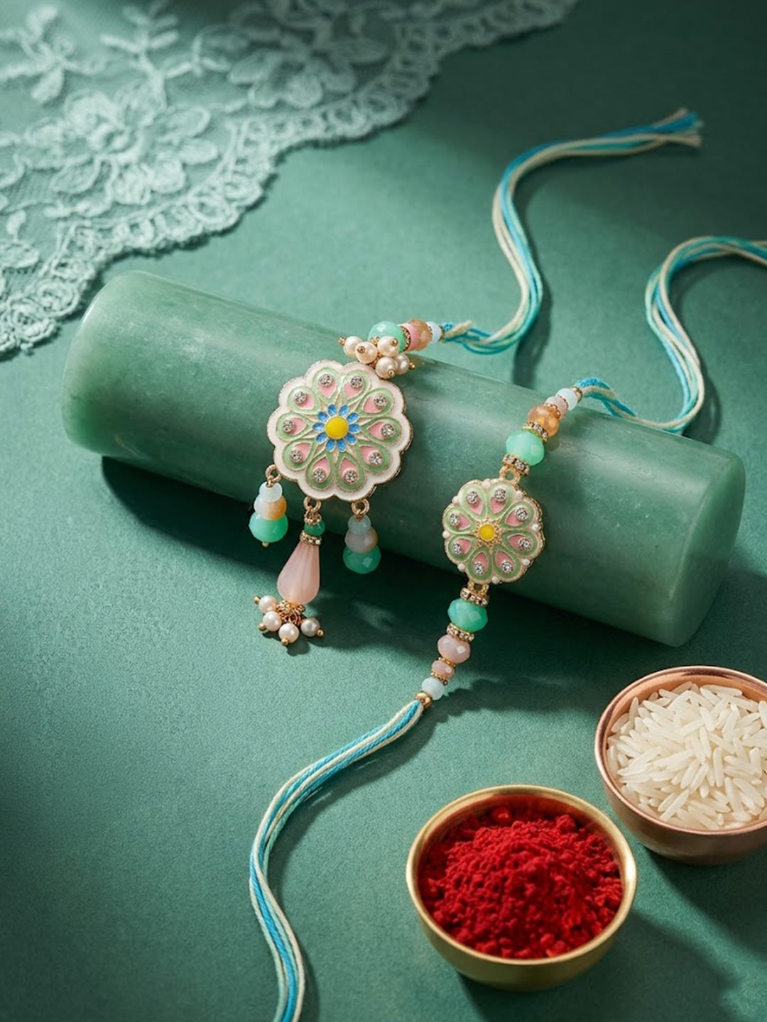 NVR Set of 2 Round Artificial Beads Traditional Bhaiya Bhabhi Rakhi with Roli Chawal | Grocsy