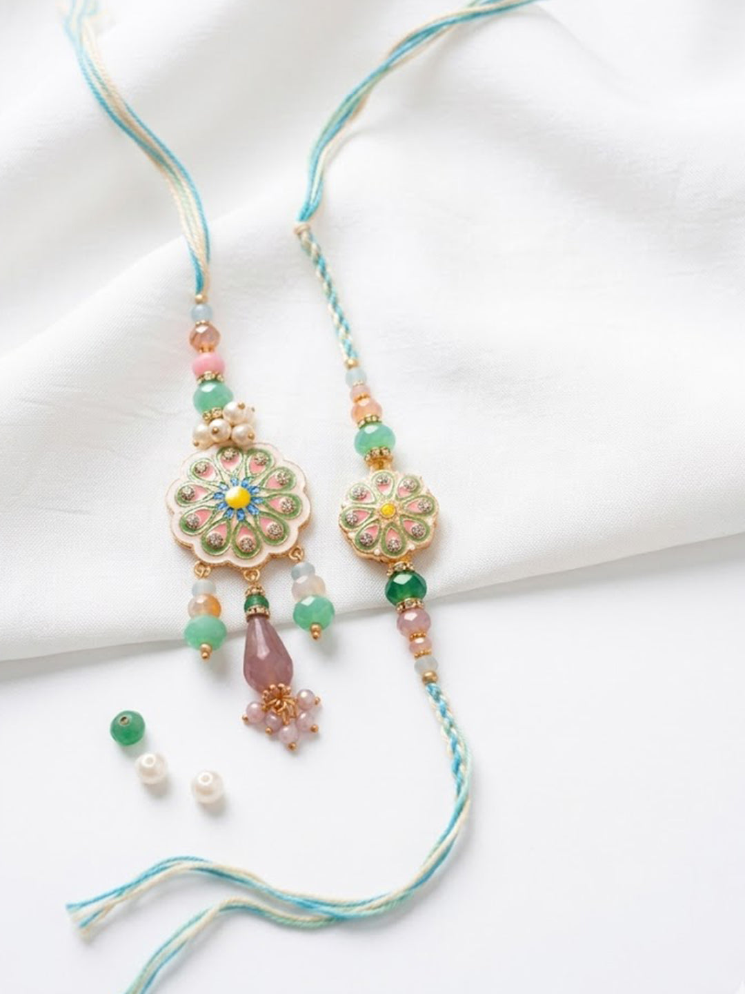 NVR Set of 2 Round Artificial Beads Traditional Bhaiya Bhabhi Rakhi with Roli Chawal | Grocsy