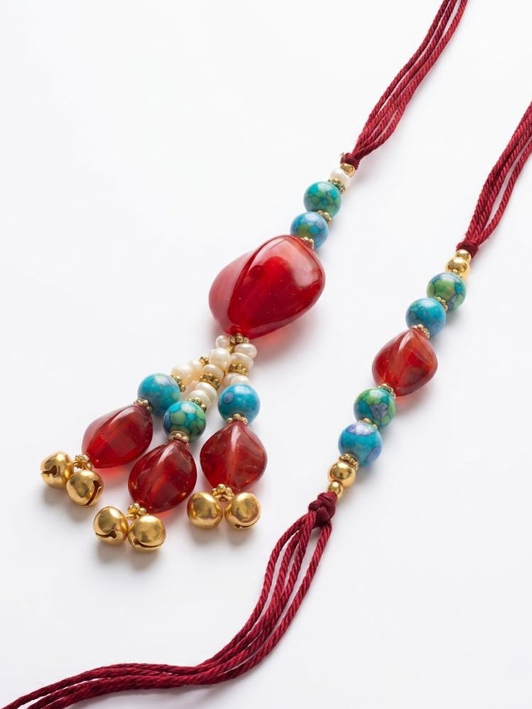 NVR Set of 2 Artificial Beads & Gold Toned Ghungroo Bhaiya Bhabhi Rakhi with Roli Chawal | Grocsy
