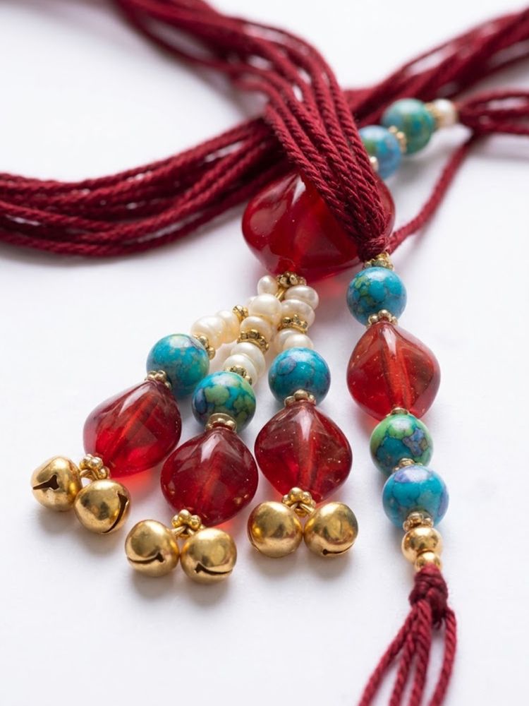 NVR Set of 2 Artificial Beads & Gold Toned Ghungroo Bhaiya Bhabhi Rakhi with Roli Chawal | Grocsy
