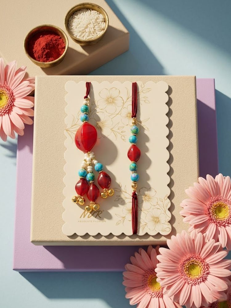 NVR Set of 2 Artificial Beads & Gold Toned Ghungroo Bhaiya Bhabhi Rakhi with Roli Chawal | Grocsy