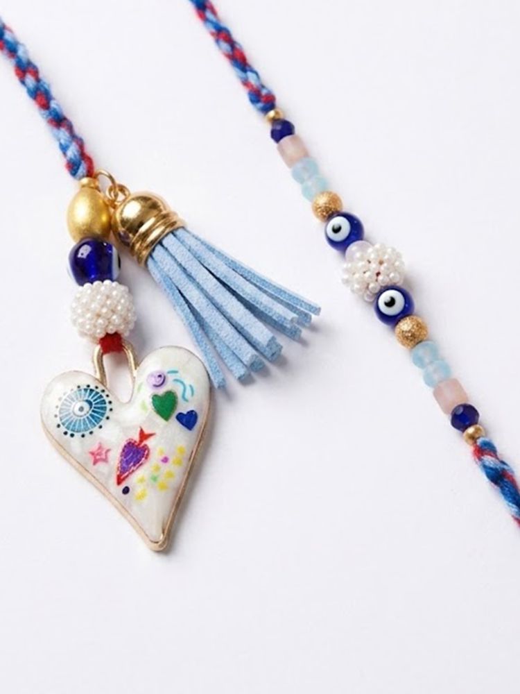 NVR Set of 2 Evil Eye Beaded Heart Shape Bhaiya Bhabhi Rakhi with Roli Chawal Chandan | Grocsy