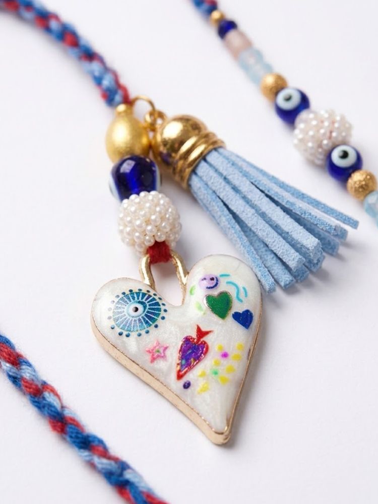 NVR Set of 2 Evil Eye Beaded Heart Shape Bhaiya Bhabhi Rakhi with Roli Chawal Chandan | Grocsy