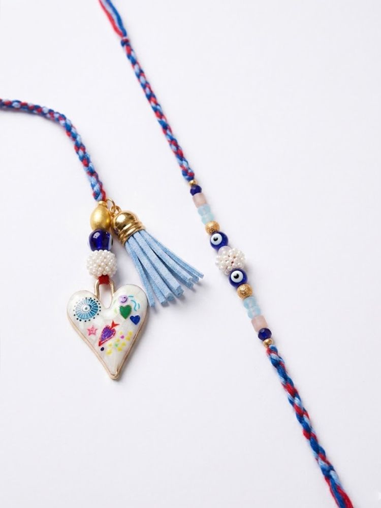 NVR Set of 2 Evil Eye Beaded Heart Shape Bhaiya Bhabhi Rakhi with Roli Chawal Chandan | Grocsy
