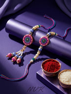 NVR Set of 2 Artificial Stones & Beads Floral Design Bhaiya Bhabhi Rakhi with Roli Chawal | Grocsy
