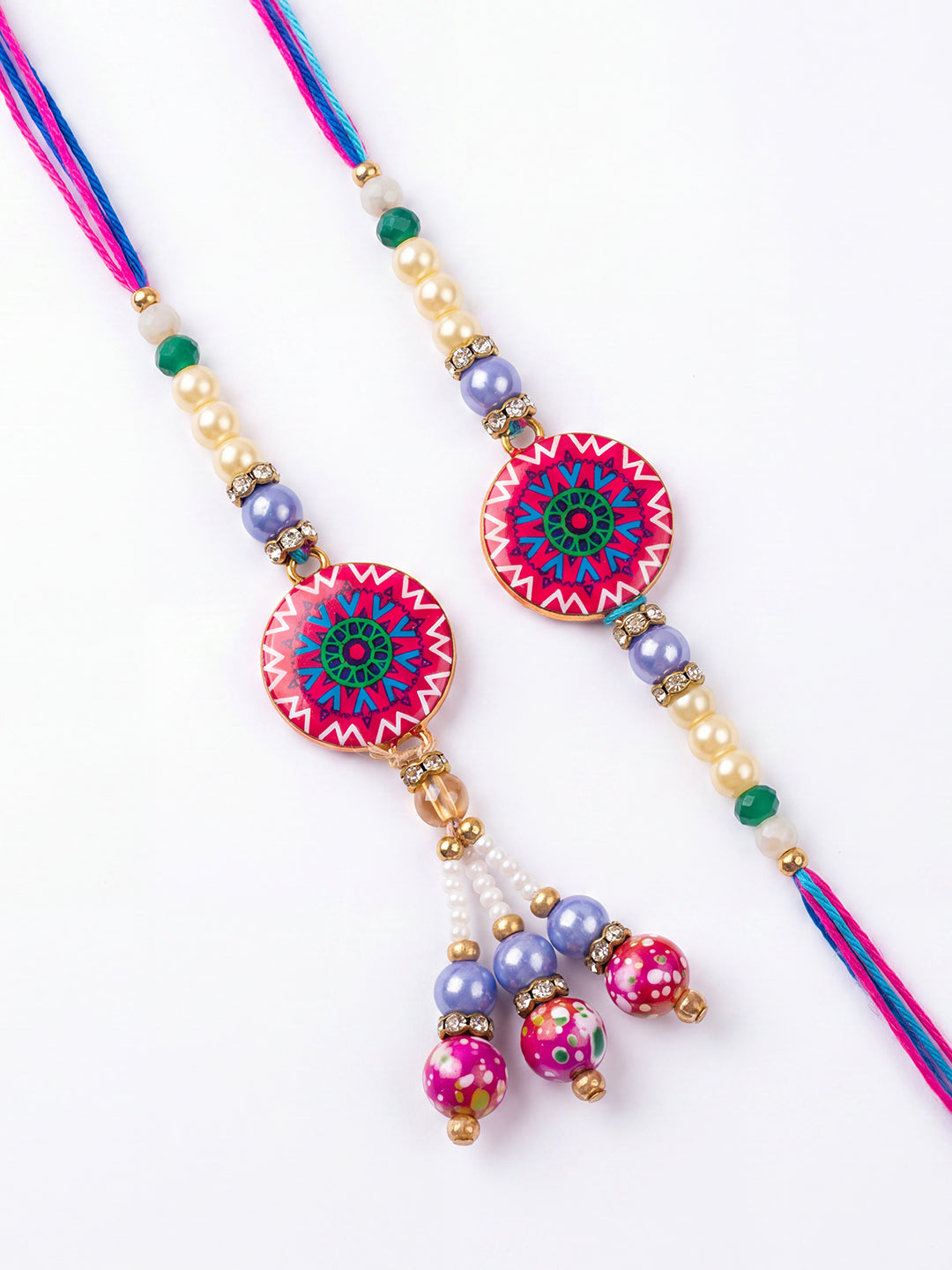 NVR Set of 2 Artificial Stones & Beads Floral Design Bhaiya Bhabhi Rakhi with Roli Chawal | Grocsy