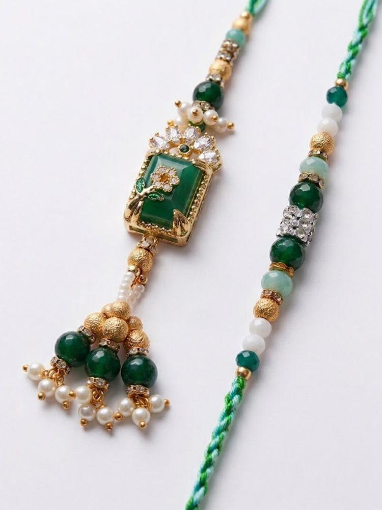 NVR Set of 2 Green Artificial Beads Traditional Bhaiya Bhabhi Rakhi with Roli Chawal | Grocsy