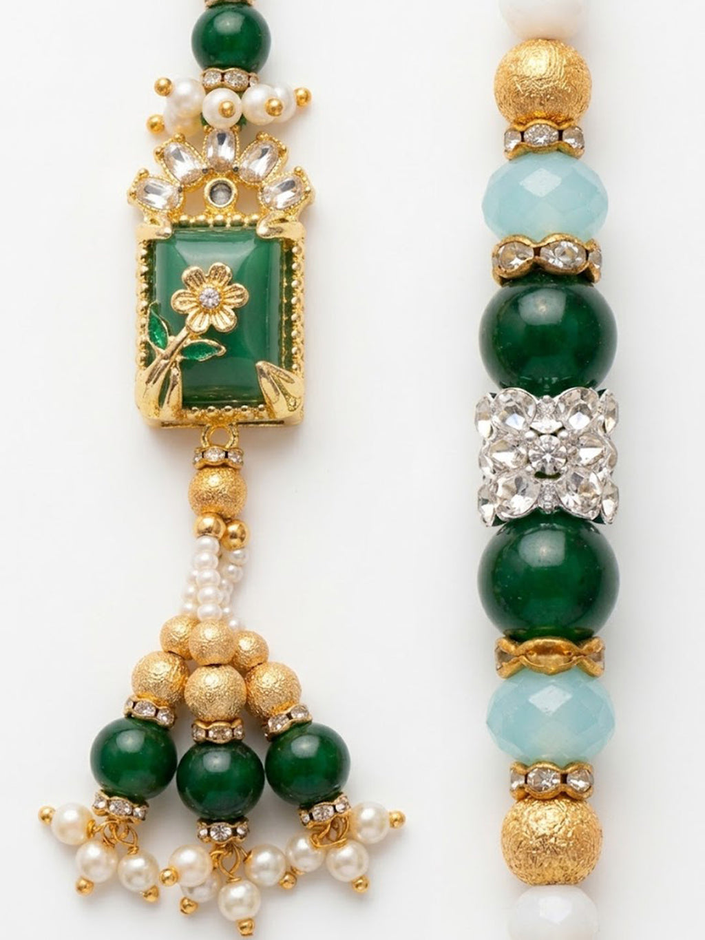 NVR Set of 2 Green Artificial Beads Traditional Bhaiya Bhabhi Rakhi with Roli Chawal | Grocsy